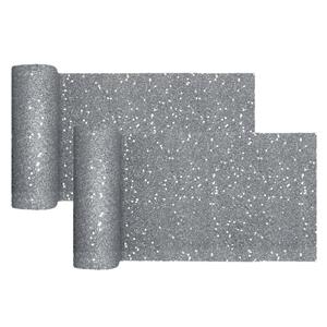 Santex Kerst thema tafelloper op rol - 2x - zilver glitter - smal 18 x 500 cm - polyester -