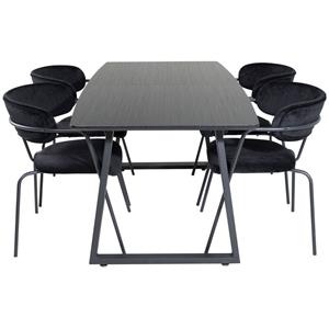 Hioshop IncaBLBL eethoek eetkamertafel uitschuifbare tafel lengte cm 160 / 200 zwart en 4 Arrow eetkamerstal velours zwart.