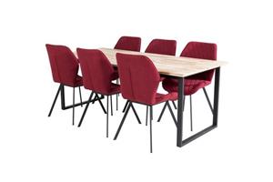 Hioshop CirebonBL eethoek eetkamertafel teakhout en 6 Gemma eetkamerstal rood.