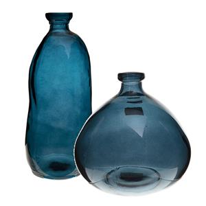 Atmosphera Bloemenvazen set - 2x - Organische fles vorm - blauw transparant - glas -