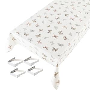 Witte tafelkleden/tafelzeilen vlinder print x 245 cm rechthoekig met 4x tafelkleedklemmen -
