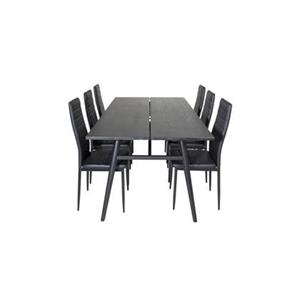 Hioshop Sleek eethoek eetkamertafel uitschuifbare tafel lengte cm 195 / 280 zwart en 6 Slim High Back eetkamerstal PU kunstleer