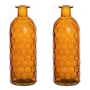 Bellatio Bloemenvaas - 2x - oranje - transparant glas honingraat - D7 x H20 cm -