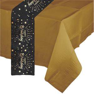 Santex Feest/verjaardag tafelkleed met tafelloper op rol - zwart/goud - Happy birthday tekst -