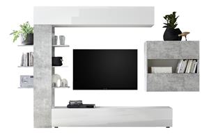 Pesaro Mobilia Tv-wandmeubel Morgan 295 cm breed in hoogglans wit met grijs beton