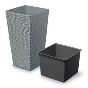 prosperplast Zementfarbenes Pflanzgefäß mit Behälter, Kollektion FURU, 29,5 x 29,5 x 55 cm, Fassungsvermögen 14 L.