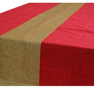 Rood tafelkleed 274 x 137 cm met gouden tafelloper met glitters voor de kersttafel -