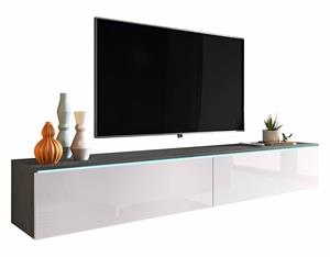 TV-Lowboard kane in Wotan Eiche/Weiß Hochglanz, hängend/stehend, modern, 2 Klappen, weiße LED-Beleuchtung, 180 cm - Selsey
