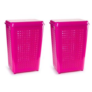 PlasticForte 2x stuks grote wasmand met deksel van 50 liter in het fuchsia roze -