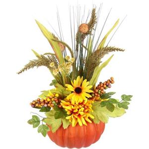 I.GE.A. Kunstblume "Gesteck aus Dahlien Beeren Gräsern im Kürbis", Arrangement mit künstlichen Blumen Dekoblumen Herbstdeko