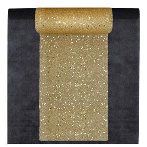 Santex Feest tafelkleed met glitter tafelloper - op rol - zwart/goud - 10 meter -