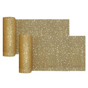 Santex Kerst thema tafelloper op rol - 2x - goud glitter - smal 18 x 500 cm - polyester -