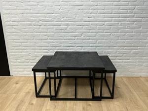 Industrielemeubelshop Mangohouten salontafel set van 3 vierkant zwart Sindre
