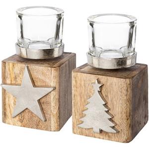 My home Waxinelichthouder Dennenboom en ster, kerstversiering op houten sokkel hoogte ca. 13 cm (set, 2 stuks)