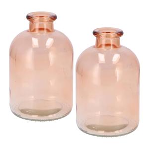 DK Design Bloemenvaas fles model - 2x - helder gekleurd glas - perzik roze - D11 x H17 cm -