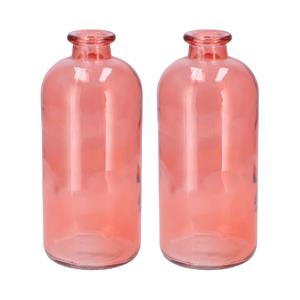 DK Design Bloemenvaas fles model - 2x - helder gekleurd glas - koraal roze - D11 x H25 cm -