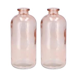 DK Design Bloemenvaas fles model - 2x - helder gekleurd glas - perzik roze - D11 x H25 cm -
