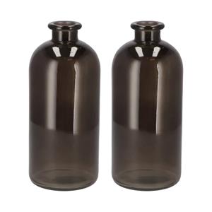 DK Design Bloemenvaas fles model - 2x - helder gekleurd glas - zwart - D11 x H25 cm -