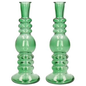 Bloemenvaas Florence - 2x - voor kleine stelen/boeketten - groen glas - helder - D8,5 x H23 cm -