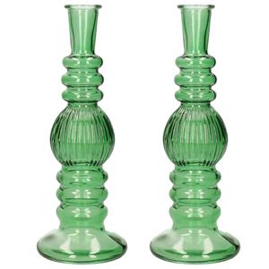 Bloemenvaas Florence - 2x - voor kleine stelen/boeketten - groen glas - ribbel - D8,5 x H23 cm -