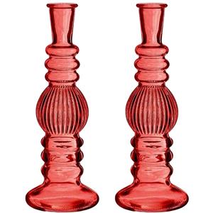 Bloemenvaas Florence - 2x - voor kleine stelen/boeketten - koraal rood glas - ribbel - D8,5 x H23 cm -