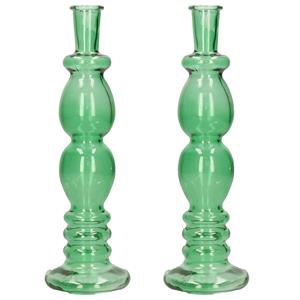 Bloemenvaas Florence - 2x - voor kleine stelen/boeketten - groen glas - helder - D9 x H28 cm -