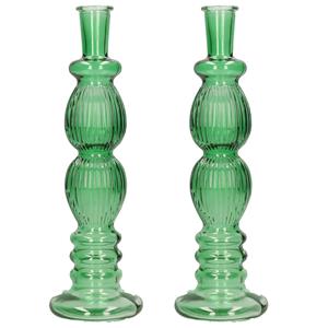 Bloemenvaas Florence - 2x - voor kleine stelen/boeketten - groen glas - ribbel - D9 x H28 cm -