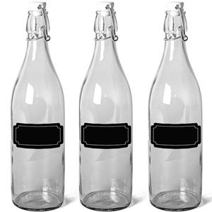 6x Glazen flesjes met beugeldop 1 liter en 6x schoolbord stickers -