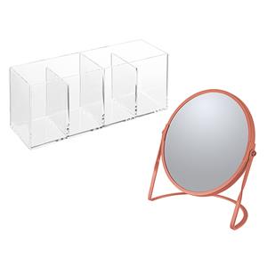 Spirella Make-up organizer en spiegel set - 4 vakjes - plastic/metaal - 5x zoom spiegel - terra/transparant -