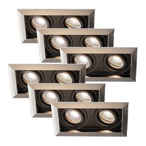 HOFTRONIC™ Set van 6 Durham dubbele inbouwspot RVS - 4000K neutraal wit licht - GU10 - 5 Watt 400 lumen - Kantelbaar - IP20 - inbouwspot vierkant