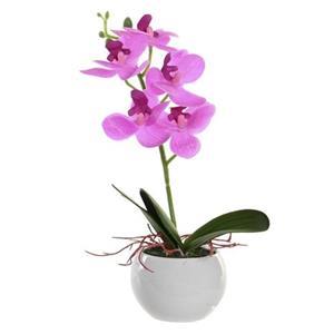 Items Kunstplant Orchidee - Roze Bloemen En Witte Pot - H26 Cm