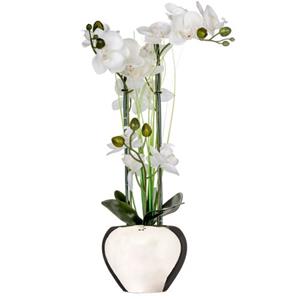 atmosphera Künstliche Pflanze, Orchidee mit drei Trieben und weißen Blüten in einem silbernen Topf