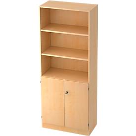 Combi-boekenkast, 5 OH, 3 open vakken + 2 afsluitbare deuren, B 800 x D 420 x 2004 mm, ahorndecor
