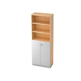 Combi-boekenkast, 6 OH, 3 open vakken + 2 afsluitbare deuren, B 800 x D 420 x 2210 mm, ahorndecor/zilver
