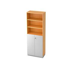 Combi-boekenkast, 6 OH, 3 open vakken + 2 afsluitbare deuren, B 800 x D 420 x 2210 mm, beukendecor/zilver