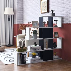 Costway Ladder Boekenkast met 5 Planken en Deuren Decoratieve Houten Planken voor Woonkamer en Kantoor (Zwart & Wit)