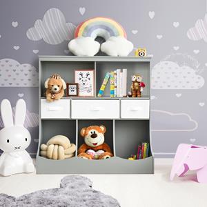 Costway Kinderrek Speelgoedrek met 5 Vakken en 3 Laden Boekenrek voor Kinderen Opbergrek Speelgoedorganizer voor Kinderkamer Grijs