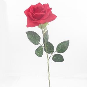 Decoflorall Rode Open roos Valentijnroos  Zijde/ stuk SINGLE OPEN ROSE RED met blad 55 cm