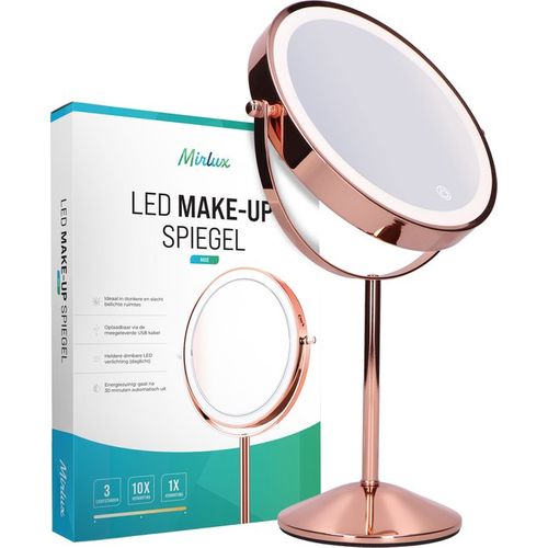 Mirlux Make Up Spiegel Met Led Verlichting - 10x Vergroting – 3 Lichtstanden - Oplaadbaar- Rosé Goud