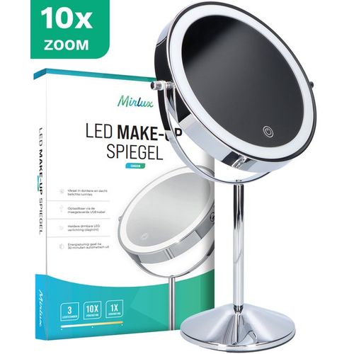 Mirlux Make Up Spiegel Met Led Verlichting - 10x Vergroting – 3 Lichtstanden - Oplaadbaar - Chroom