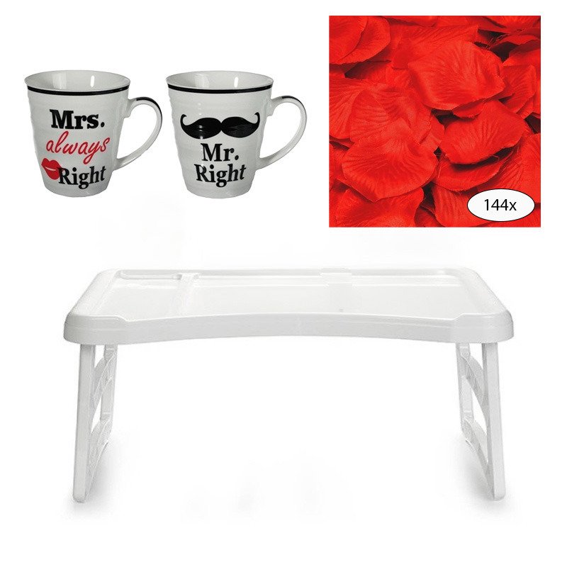 Merkloos Bedtafel en Koffiebeker set - Mr Right en Mrs Always Right - Valentijn cadeautje voor hem / haar -
