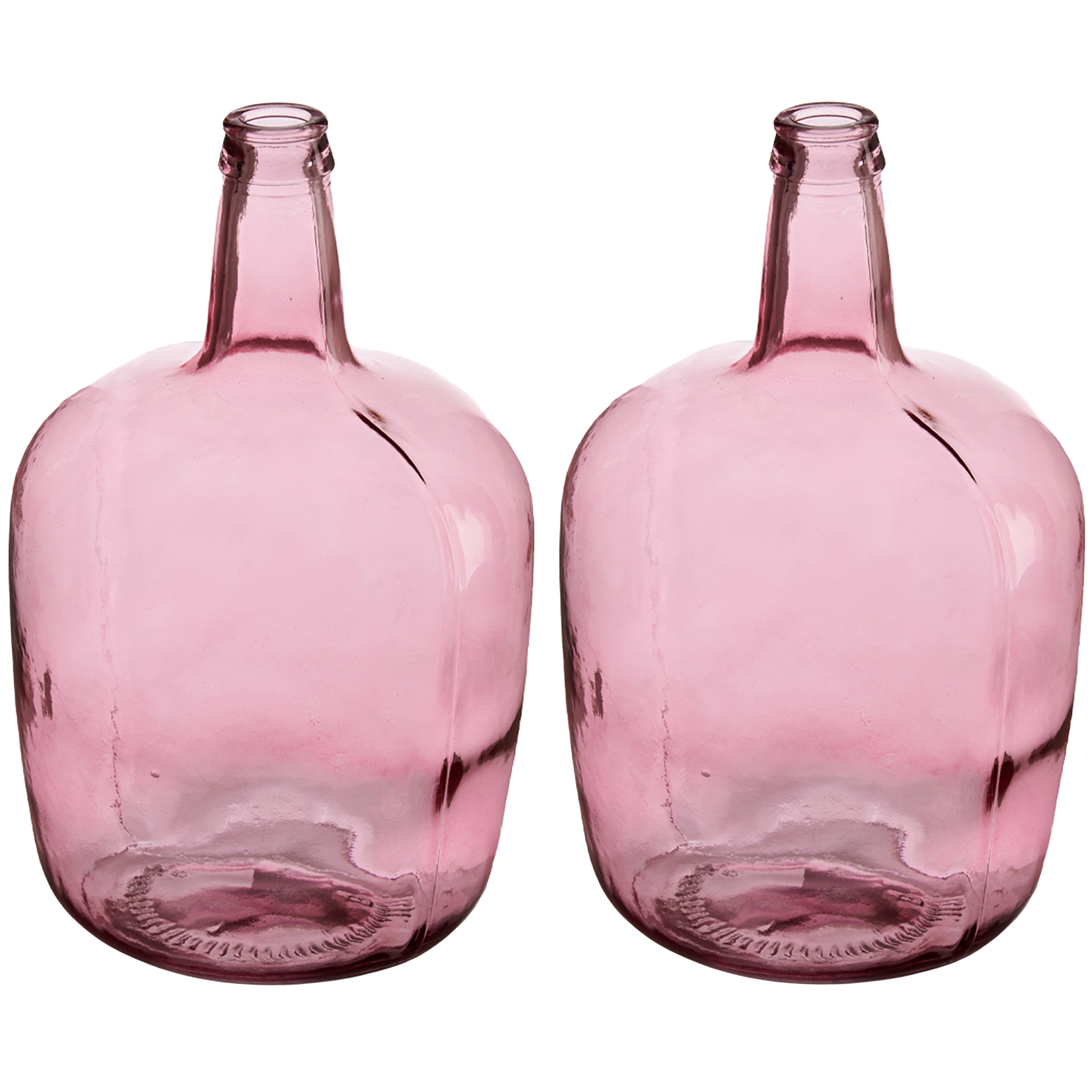 Giftdecor Bloemenvazen 2x stuks - flessen model - glas - roze transparant - 22 x cm -
