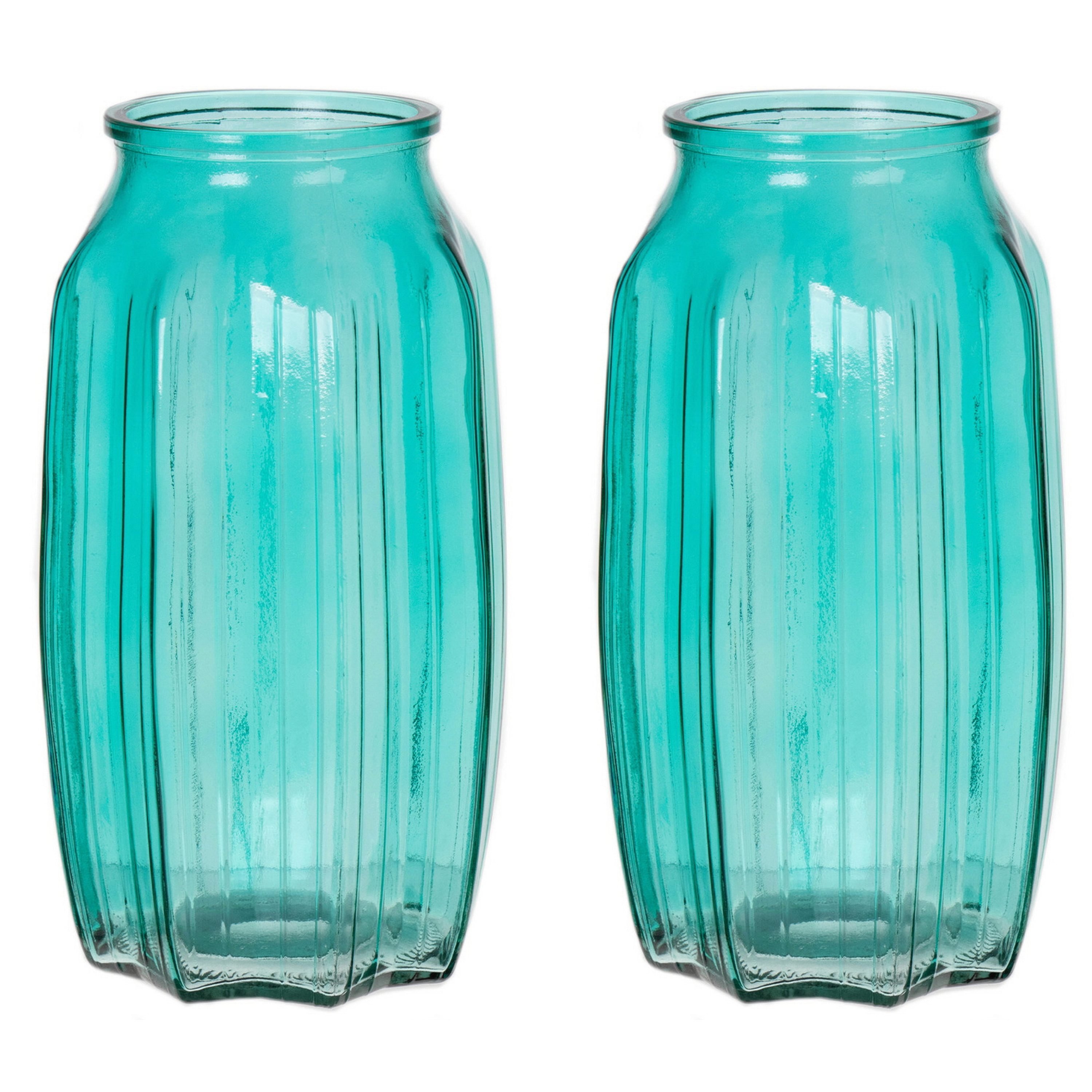 Bellatio Design Bloemenvaas - 2x - turquoise blauw - transparant glas - D12 x H22 cm -