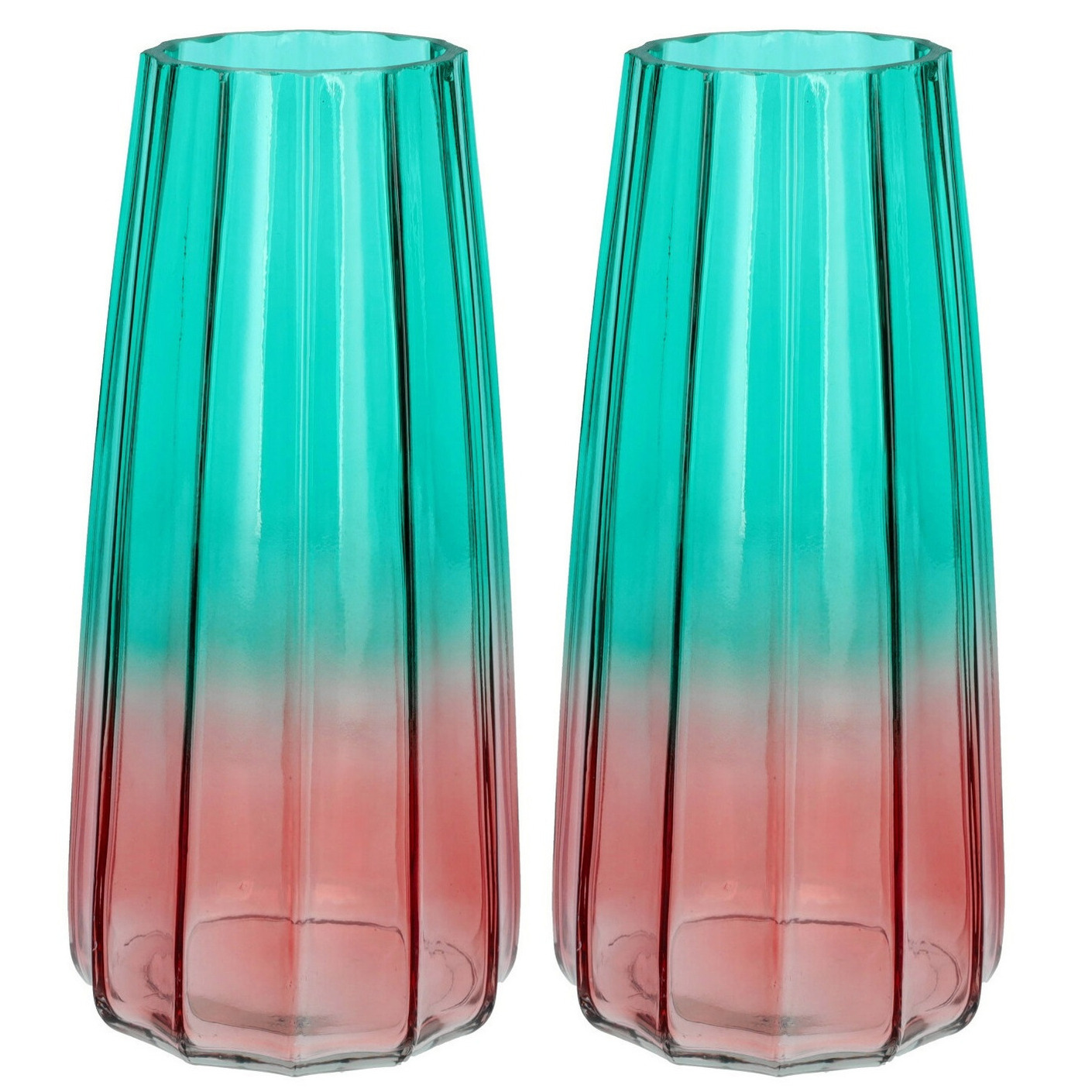 Bellatio Design Bloemenvaas - set van 2x - blauw/roze - transparant glas - D10 x H21 cm -