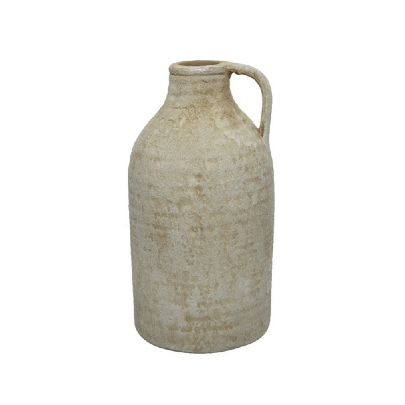 Decoris Vaas kruik/fles model - vintage - terracotta - creme wit - D15 x H30 cm -