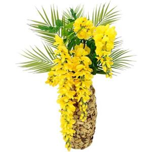 I.GE.A. Kunstblume "Blumenarrangement Goldregen mit Palmenzweige", Vase aus Wasserhyazinthe