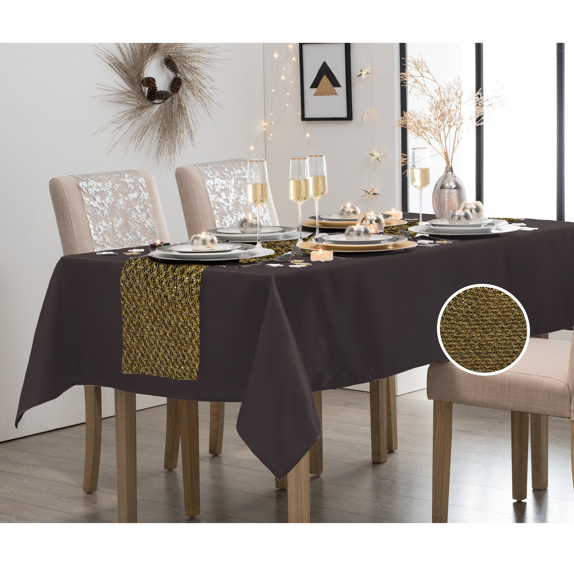 Merkloos Zwart tafelkleed/tafellaken x 240 cm - met tafelloper goud glitter 28 x 300 cm -