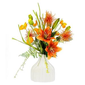 I.GE.A. Kunstblume "Blumenarrangement aus Lilien und Mohnblumen in Vase aus Keramik", Dekoblumen Blumenstrauß Seidenblumen Tischdeko Hochzeitsdeko