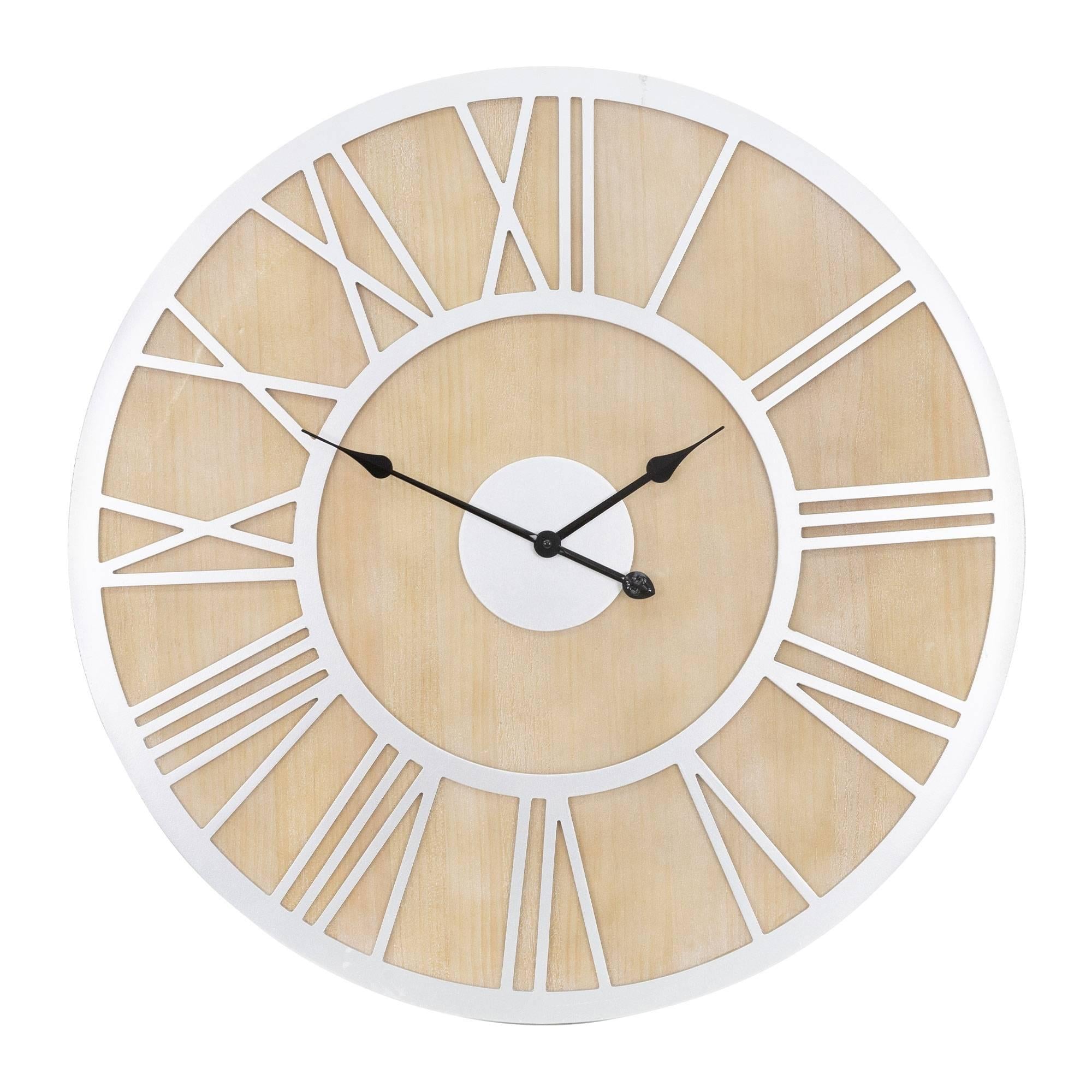 womo-design Große Wanduhr mit Römische Ziffern, ø 85 cm, Weiß/Natur, aus Holz und Metall, Vintage-Stil, Lautlos, Geräuschlosem Uhrwerk, Dekorative Uhr für