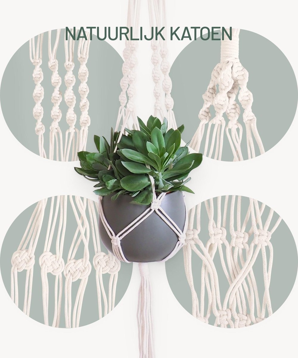 Gadgy Plantenhanger Macramé - Luxe gevlochten touw katoen - 3 stuks - plantenpot ophangen - Hangpot